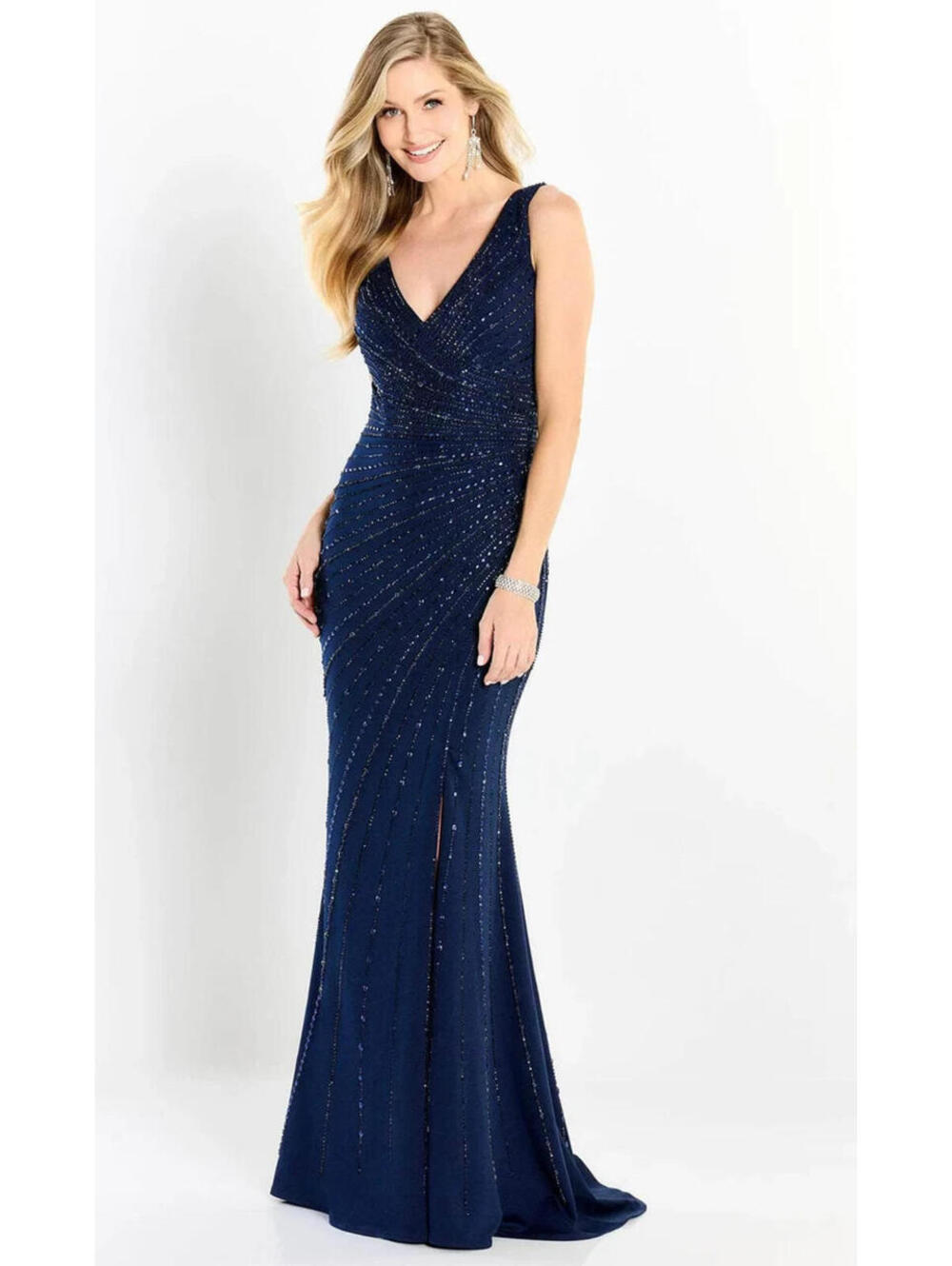 Montage by Mon Cheri M2211 Seamless Beaded Long Gown Navy sz 4 Iconic $990 MOB